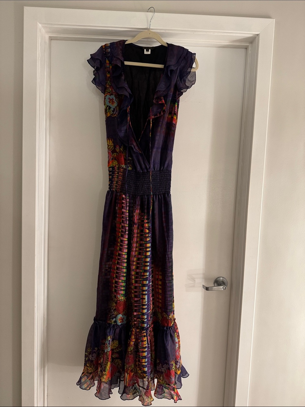 Ruffled V‑Neck Purple Floral Maxi Dress